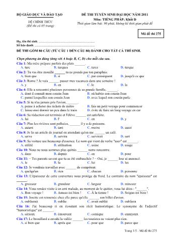 Đề thi tuyển sinh Đại học môn Tiếng Pháp - Khối D - Mã đề: 275 - Năm học 2011 (Có đáp án)