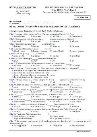 Đề thi tuyển sinh Đại học môn Tiếng Pháp - Khối D - Mã đề: 328 - Năm học 2014 (Có đáp án)
