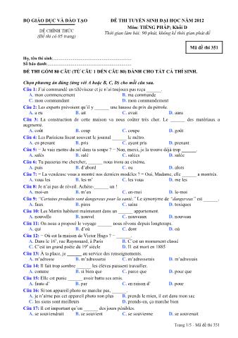 Đề thi tuyển sinh Đại học môn Tiếng Pháp - Khối D - Mã đề: 351 - Năm học 2012 (Có đáp án)