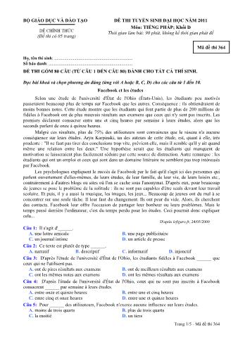 Đề thi tuyển sinh Đại học môn Tiếng Pháp - Khối D - Mã đề: 364 - Năm học 2011 (Có đáp án)