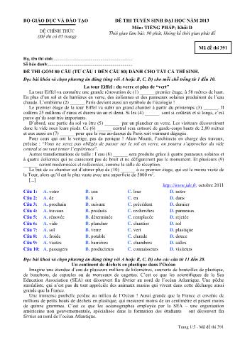 Đề thi tuyển sinh Đại học môn Tiếng Pháp - Khối D - Mã đề: 391 - Năm học 2013 (Có đáp án)