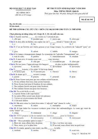 Đề thi tuyển sinh Đại học môn Tiếng Pháp - Khối D - Mã đề: 395 - Năm học 2010 (Có đáp án)
