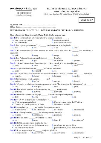 Đề thi tuyển sinh Đại học môn Tiếng Pháp - Khối D - Mã đề: 417 - Năm học 2012 (Có đáp án)