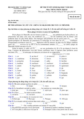 Đề thi tuyển sinh Đại học môn Tiếng Pháp - Khối D - Mã đề: 483 - Năm học 2011 (Có đáp án)