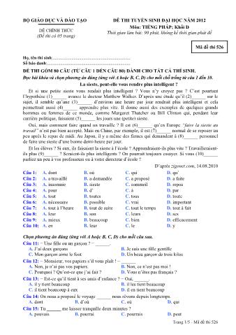 Đề thi tuyển sinh Đại học môn Tiếng Pháp - Khối D - Mã đề: 526 - Năm học 2012 (Có đáp án)