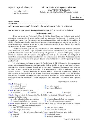 Đề thi tuyển sinh Đại học môn Tiếng Pháp - Khối D - Mã đề: 531 - Năm học 2011 (Có đáp án)