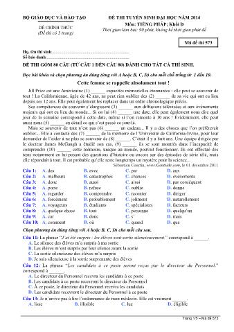 Đề thi tuyển sinh Đại học môn Tiếng Pháp - Khối D - Mã đề: 573 - Năm học 2014 (Có đáp án)