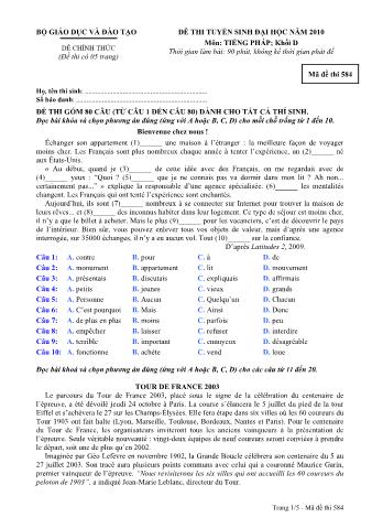 Đề thi tuyển sinh Đại học môn Tiếng Pháp - Khối D - Mã đề: 584 - Năm học 2010 (Có đáp án)