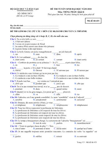 Đề thi tuyển sinh Đại học môn Tiếng Pháp - Khối D - Mã đề: 651 - Năm học 2010 (Có đáp án)