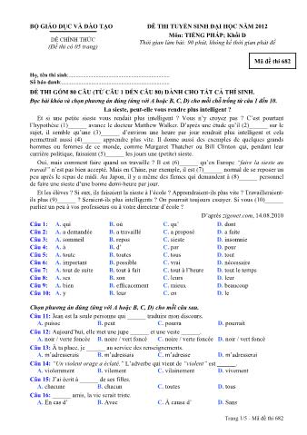 Đề thi tuyển sinh Đại học môn Tiếng Pháp - Khối D - Mã đề: 682 - Năm học 2012 (Có đáp án)