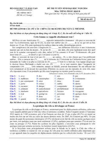 Đề thi tuyển sinh Đại học môn Tiếng Pháp - Khối D - Mã đề: 693 - Năm học 2014 (Có đáp án)