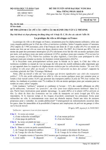 Đề thi tuyển sinh Đại học môn Tiếng Pháp - Khối D - Mã đề: 715 - Năm học 2014 (Có đáp án)