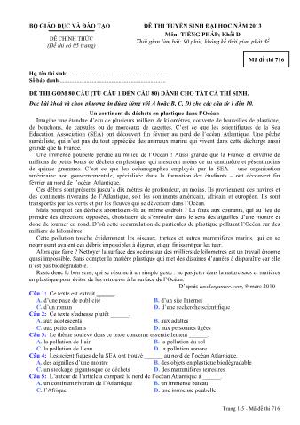 Đề thi tuyển sinh Đại học môn Tiếng Pháp - Khối D - Mã đề: 716 - Năm học 2013 (Có đáp án)