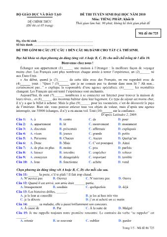 Đề thi tuyển sinh Đại học môn Tiếng Pháp - Khối D - Mã đề: 725 - Năm học 2010 (Có đáp án)