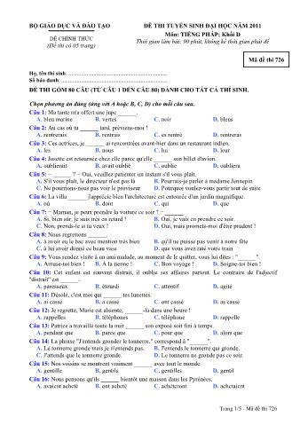 Đề thi tuyển sinh Đại học môn Tiếng Pháp - Khối D - Mã đề: 726 - Năm học 2011 (Có đáp án)