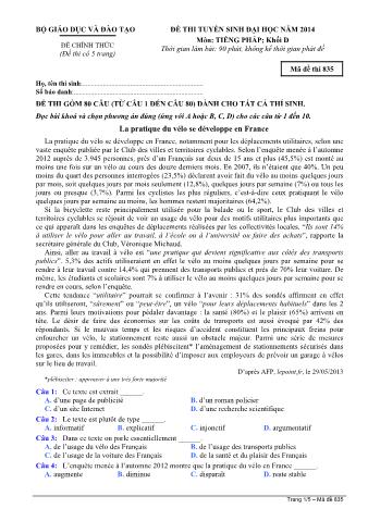 Đề thi tuyển sinh Đại học môn Tiếng Pháp - Khối D - Mã đề: 835 - Năm học 2014 (Có đáp án)