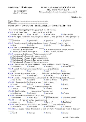 Đề thi tuyển sinh Đại học môn Tiếng Pháp - Khối D - Mã đề: 946 - Năm học 2010 (Có đáp án)