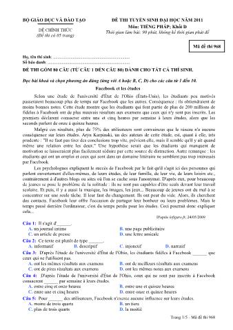 Đề thi tuyển sinh Đại học môn Tiếng Pháp - Khối D - Mã đề: 968 - Năm học 2011 (Có đáp án)