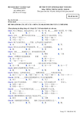 Đề thi tuyển sinh Đại học môn Tiếng Trung - Khối D - Mã đề: 182 - Năm học 2011 (Có đáp án)