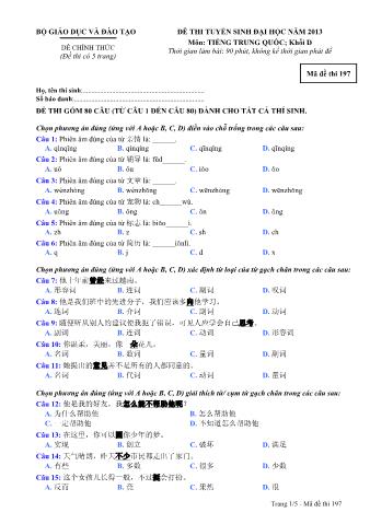 Đề thi tuyển sinh Đại học môn Tiếng Trung - Khối D - Mã đề: 197 - Năm học 2013 (Có đáp án)