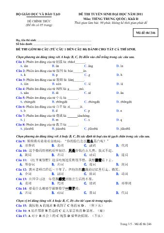 Đề thi tuyển sinh Đại học môn Tiếng Trung - Khối D - Mã đề: 246 - Năm học 2011 (Có đáp án)