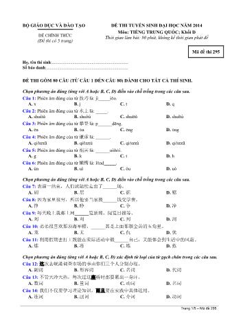 Đề thi tuyển sinh Đại học môn Tiếng Trung - Khối D - Mã đề: 295 - Năm học 2014 (Có đáp án)