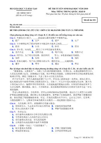 Đề thi tuyển sinh Đại học môn Tiếng Trung - Khối D - Mã đề: 352 - Năm học 2010 (Có đáp án)