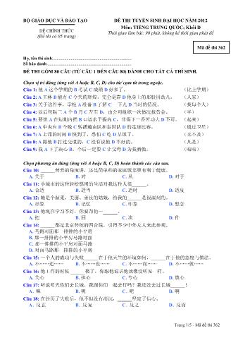 Đề thi tuyển sinh Đại học môn Tiếng Trung - Khối D - Mã đề: 362 - Năm học 2012 (Có đáp án)