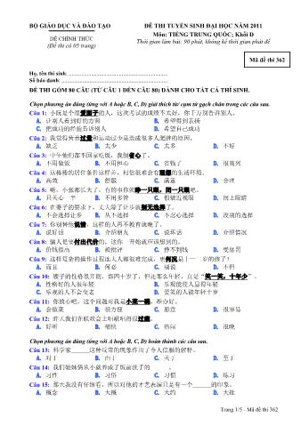 Đề thi tuyển sinh Đại học môn Tiếng Trung - Khối D - Mã đề: 362 - Năm học 2011 (Có đáp án)