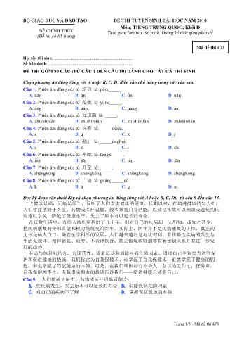 Đề thi tuyển sinh Đại học môn Tiếng Trung - Khối D - Mã đề: 473 - Năm học 2010 (Có đáp án)