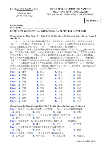 Đề thi tuyển sinh Đại học môn Tiếng Trung - Khối D - Mã đề: 516 - Năm học 2010 (Có đáp án)