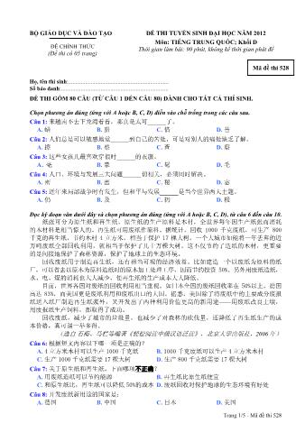 Đề thi tuyển sinh Đại học môn Tiếng Trung - Khối D - Mã đề: 528 - Năm học 2012 (Có đáp án)