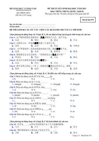 Đề thi tuyển sinh Đại học môn Tiếng Trung - Khối D - Mã đề: 579 - Năm học 2011 (Có đáp án)