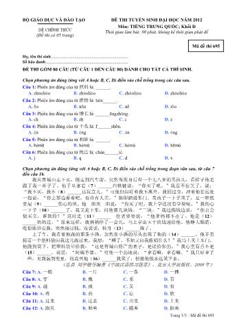 Đề thi tuyển sinh Đại học môn Tiếng Trung - Khối D - Mã đề: 695 - Năm học 2012 (Có đáp án)