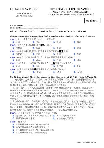 Đề thi tuyển sinh Đại học môn Tiếng Trung - Khối D - Mã đề: 724 - Năm học 2010 (Có đáp án)