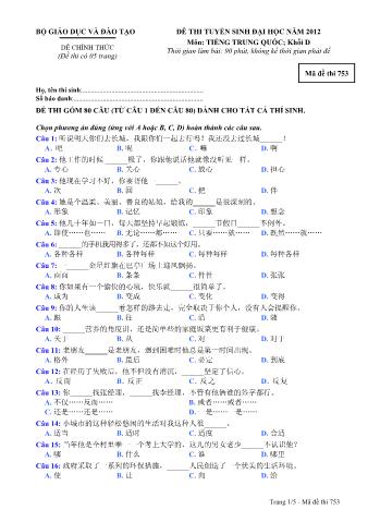 Đề thi tuyển sinh Đại học môn Tiếng Trung - Khối D - Mã đề: 753 - Năm học 2012 (Có đáp án)