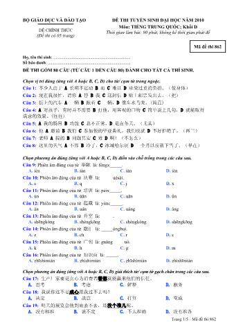 Đề thi tuyển sinh Đại học môn Tiếng Trung - Khối D - Mã đề: 862 - Năm học 2010 (Có đáp án)