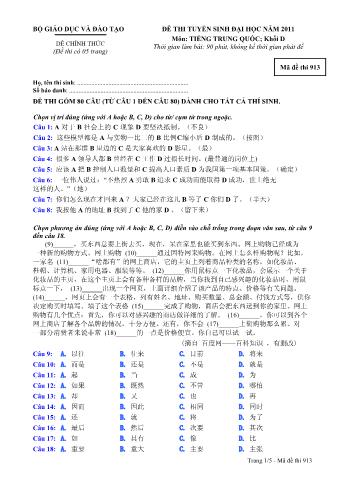 Đề thi tuyển sinh Đại học môn Tiếng Trung - Khối D - Mã đề: 913 - Năm học 2011 (Có đáp án)