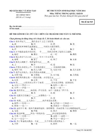Đề thi tuyển sinh Đại học môn Tiếng Trung - Khối D - Mã đề: 925 - Năm học 2014 (Có đáp án)