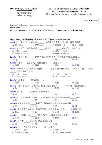 Đề thi tuyển sinh Đại học môn Tiếng Trung - Khối D - Mã đề: 963 - Năm học 2013 (Có đáp án)