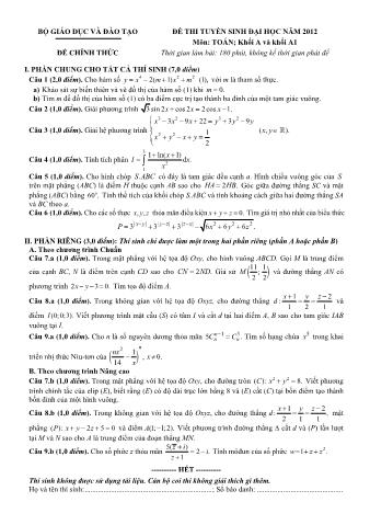 Đề thi tuyển sinh Đại học môn Toán - Khối A, A1 - Năm học 2012 (Có đáp án)