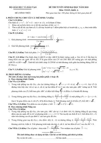Đề thi tuyển sinh Đại học môn Toán - Khối A - Năm học 2010 (Có đáp án)