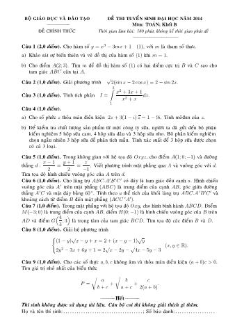 Đề thi tuyển sinh Đại học môn Toán - Khối B - Năm học 2014 (Có đáp án)