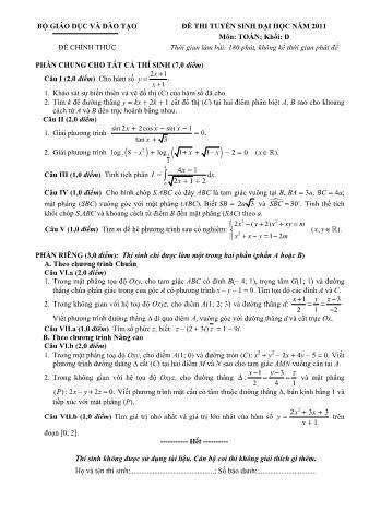 Đề thi tuyển sinh Đại học môn Toán - Khối D - Năm học 2011 (Có đáp án)