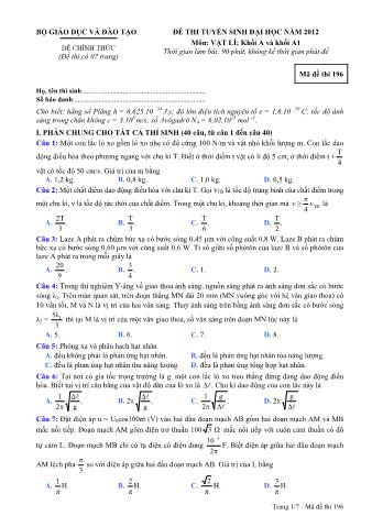 Đề thi tuyển sinh Đại học môn Vật lí - Khối A, A1 - Mã đề: 196 - Năm học 2012 (Có đáp án)
