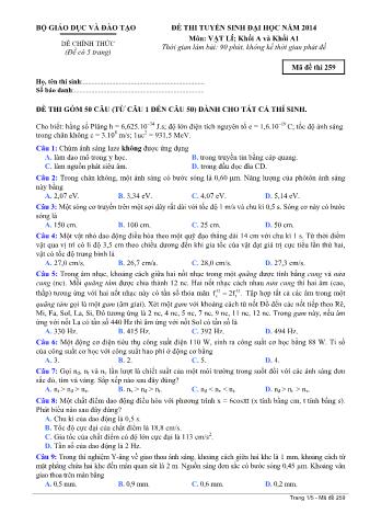 Đề thi tuyển sinh Đại học môn Vật lí - Khối A, A1 - Mã đề: 259 - Năm học 2014 (Có đáp án)