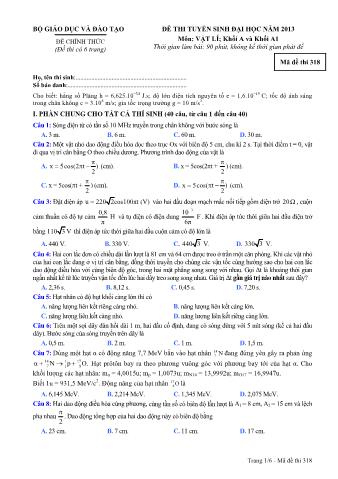 Đề thi tuyển sinh Đại học môn Vật lí - Khối A, A1 - Mã đề: 318 - Năm học 2013 (Có đáp án)