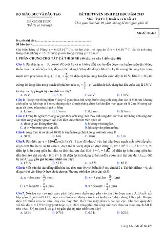 Đề thi tuyển sinh Đại học môn Vật lí - Khối A, A1 - Mã đề: 426 - Năm học 2013 (Có đáp án)