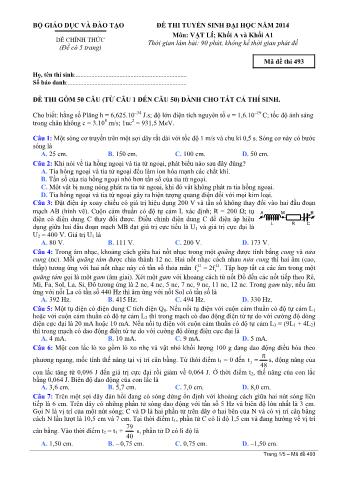 Đề thi tuyển sinh Đại học môn Vật lí - Khối A, A1 - Mã đề: 493 - Năm học 2014 (Có đáp án)