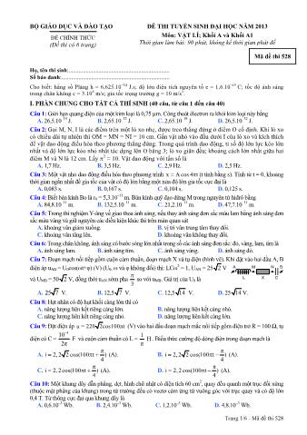 Đề thi tuyển sinh Đại học môn Vật lí - Khối A, A1 - Mã đề: 528 - Năm học 2013 (Có đáp án)
